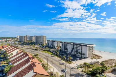 an aerial view of the beach and buildings at Grand Panama #2-0505 in Panama City Beach