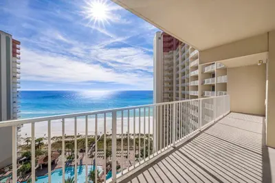 a balcony with a view of the ocean at Shores Of Panama #1412 in Panama City Beach