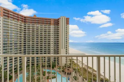 a view of the beach from the balcony of a resort at Shores Of Panama #1205 in Panama City Beach