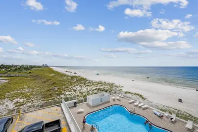 an overhead view of a beach and a swimming pool at Fontainebleau Terrace #400 by Book That Condo in Panama City Beach