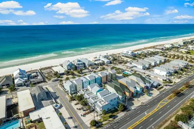 an aerial view of the beach and buildings at Spectacular Gulf Views w/ PRIVATE POOL! Remarkable 3BR 35BA Bedding for 12! in Panama City Beach