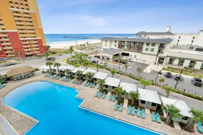an overhead view of the pool at the resort at Calypso #3-607 in Panama City Beach