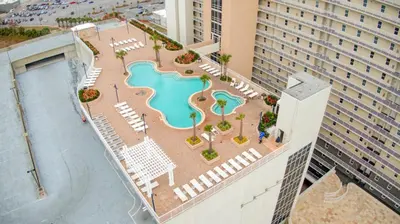 an aerial view of a pool at a resort at Laketown Wharf #519 by Nautical Properties in Panama City Beach