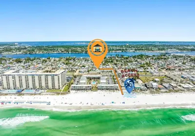 an aerial view of a resort with an orange marker at Tropical Gem/5 min beach walk in Panama City Beach
