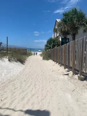 a sandy path to the beach with a fence and palm trees at Tropical Gem/5 min beach walk in Panama City Beach