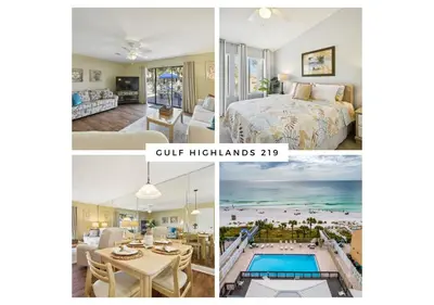 a collage of photos of a hotel room with a bed and a pool at Gulf Highlands 219 by Book That Condo in Panama City Beach