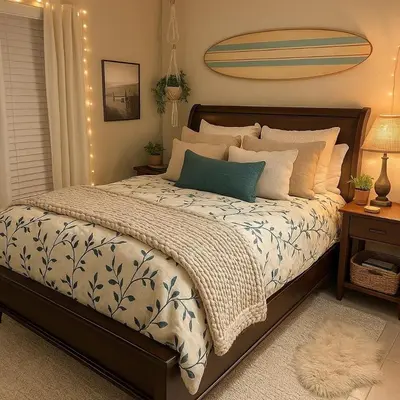 a bedroom with a large bed with a blue and white comforter at Seaside Bliss in Gated Community - 1504 condo in Panama City Beach