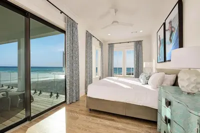 a bedroom with a bed and a view of the ocean at Emerald Le Luxe in Inlet Beach