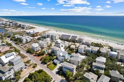 an aerial view of the beach and buildings at Good Vibrations in Santa Rosa Beach