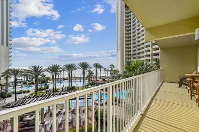 a balcony with a view of the resort at Shores of Panama 415 condo in Panama City Beach