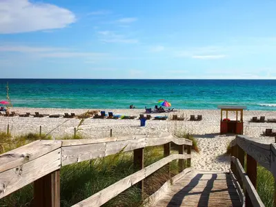 a wooden pathway to the beach with the ocean at Ocean Reef 2101 in Panama City Beach