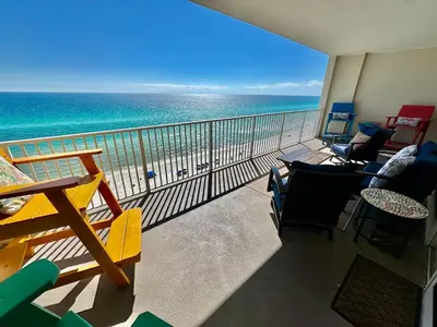a balcony with a view of the ocean at Ocean Reef 1102 in Panama City Beach