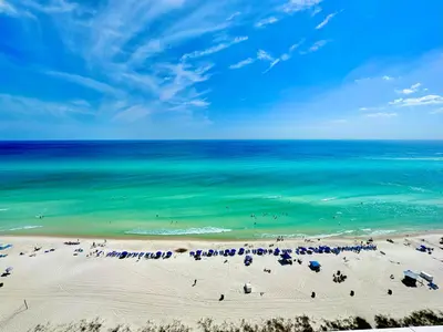 an aerial view of a beach with the ocean at Tropic Winds 2302 in Panama City Beach