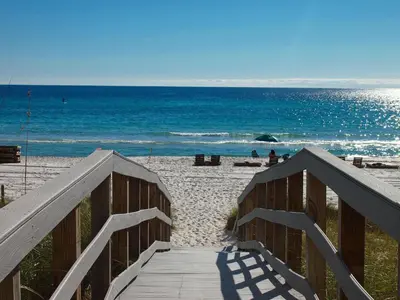 a wooden path to the beach with the ocean at Ocean Reef 1101 in Panama City Beach