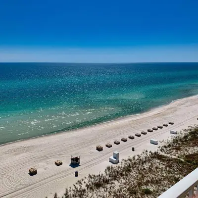 an aerial view of a beach and the ocean at Ocean Reef 1007 in Panama City Beach