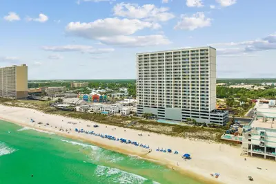 an aerial view of a beach and buildings at Ocean Reef 2103 in Panama City Beach