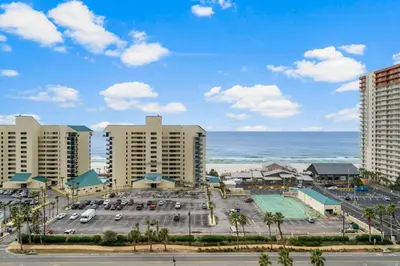 an aerial view of a parking lot at the beach at Laketown Wharf #1022 in Panama City Beach