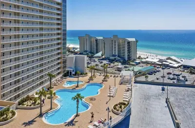 an aerial view of a resort with a pool and beach at Laketown Wharf 1120 by Emerald Coast Retreats in Panama City Beach
