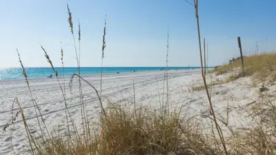a sandy beach with people in the water at Beach Haven! 2BR 2BA Sleeps 6! Coastal paradise awaits! in Panama City Beach