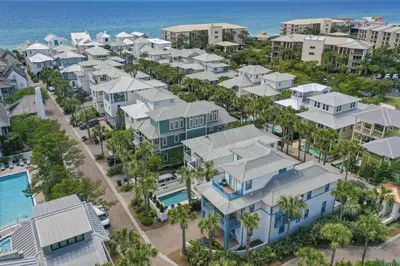 an aerial view of a resort with the ocean at My Blue Heaven in Rosemary Beach
