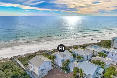 an overhead view of a beach with condos at Sandy Boardwalk in Santa Rosa Beach