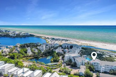 an aerial view of a beach with a map of a resort at Crossings at WaterSound B105 in Watersound Beach