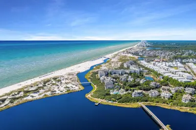 an aerial view of the beach and the ocean at The Golden Pearl in Watersound Beach