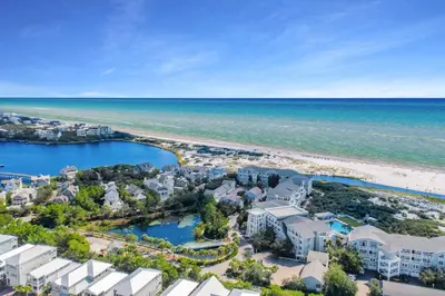 an aerial view of the beach and condos at The Golden Pearl in Watersound Beach