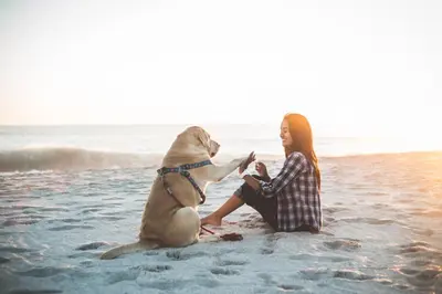 a woman sitting on the beach with a dog at Harp's Haven Carriage House in Rosemary Beach