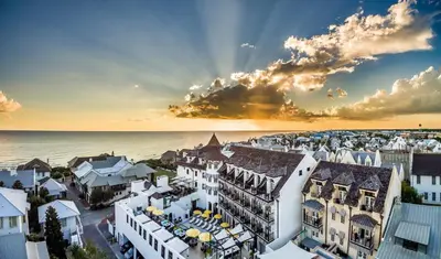 an aerial view of a city with buildings and the ocean at Harp's Haven Carriage House in Rosemary Beach