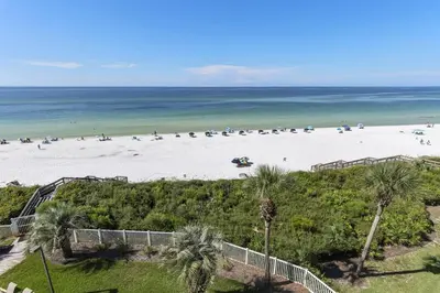 an aerial view of a beach with palm trees at Grand Playa Unit 402 Gulf Front Condo in Santa Rosa Beach