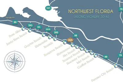 a map of northeast florida showing the attractions at Treasure Palms - Golf Cart- Bikes - Arcade- Peloton- Near Rosemary - Community Pool in Rosemary Beach