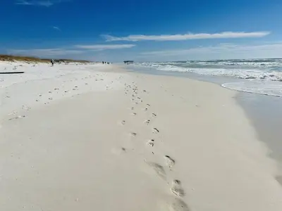 a group of footprints in the sand on a beach at Beautiful Home .5mi to Beach SLPS 14! Bikes, 3rd Floor Bunk/Game Room - 2 King Bedrooms in Inlet Beach