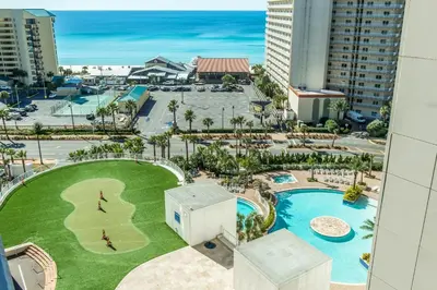 an aerial view of a pool at a resort at Laketown Wharf 801 by Emerald Coast Retreats in Panama City Beach