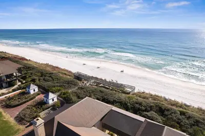 an aerial view of a beach and the ocean at Stairway to Heaven Cottage by 30A Escapes in Rosemary Beach