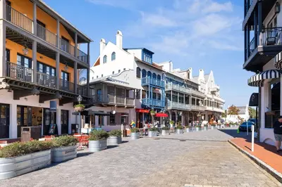 a street in a town with many buildings at Somerset Cottage by 30A Escapes in Rosemary Beach