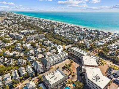an aerial view of a city and the ocean at 275 Lifeguard Loop by 30A Escapes in Rosemary Beach