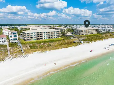 an aerial view of the beach at the resort at HP 34E On the Gulf by 30A Escapes in Rosemary Beach