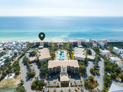 an aerial view of a resort near the ocean at HP 34E On the Gulf by 30A Escapes in Rosemary Beach
