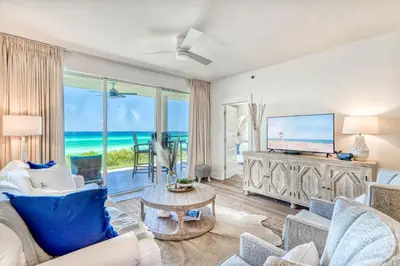 a living room with a view of the ocean at HP 15W Salt and Light by 30A Escapes in Rosemary Beach