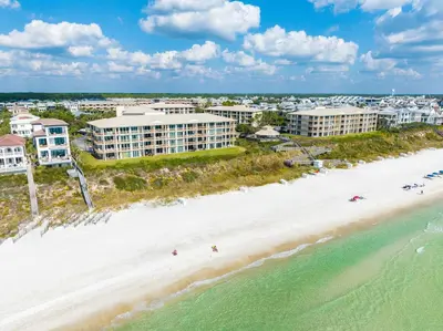 an aerial view of the beach and buildings at HP 16W Seadawg by 30A Escapes in Rosemary Beach