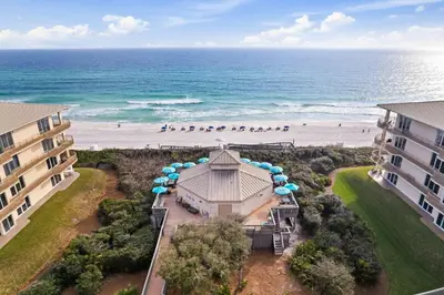 an aerial view of the beach and the ocean at HP 24W Condo by 30A Escapes in Rosemary Beach