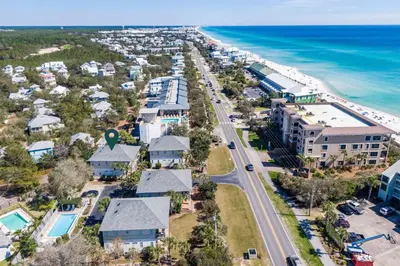 an aerial view of the beach with condos and the ocean at Sunnyside #7 by 30A Escapes in Seacrest