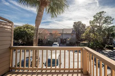 a wooden deck with a palm tree and a house at Somewhere in the Sun in Santa Rosa Beach