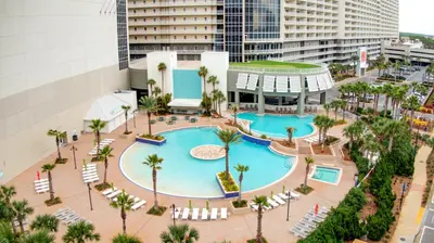an overhead view of a swimming pool in a city at Laketown Wharf #320 by Nautical Properties in Panama City Beach