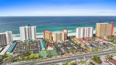 an aerial view of a city and the ocean at Summerhouse Beach Resort by Panhandle Getaways in Panama City Beach