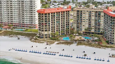 an aerial view of the beach at the resort at Summerhouse Beach Resort by Panhandle Getaways in Panama City Beach