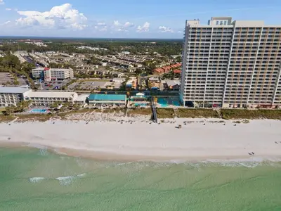 an aerial view of a beach and a hotel at 135 Grande Island Blvd in Panama City Beach