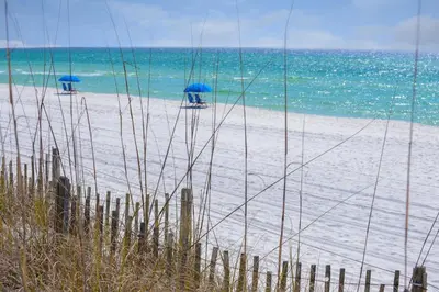 a beach with two blue umbrellas and the ocean at NatureWalk on 30A Overlooking Beautiful Pond! in Seagrove Beach