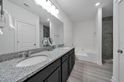 a bathroom with a sink and a mirror and a tub at New Seagrove Beach Construction, Easy Beach Access, Professionally Decorated - Amazing Privacy! in Santa Rosa Beach